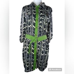Olivia & Oak Dress Black Chevron on Cream with Green Belt & Details Size Medium